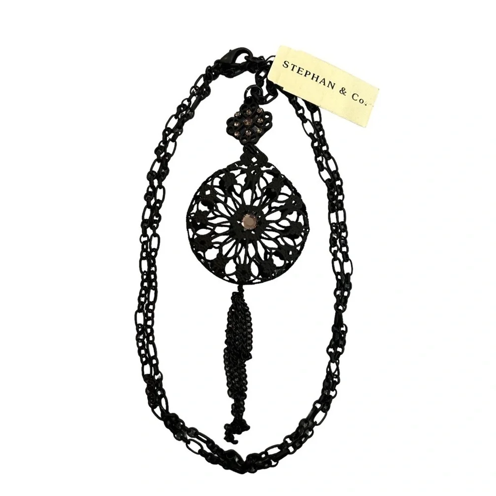 Necklace Stephan & Co. Matte Black 3D Lace Metal Pink Rhinestone Tassel